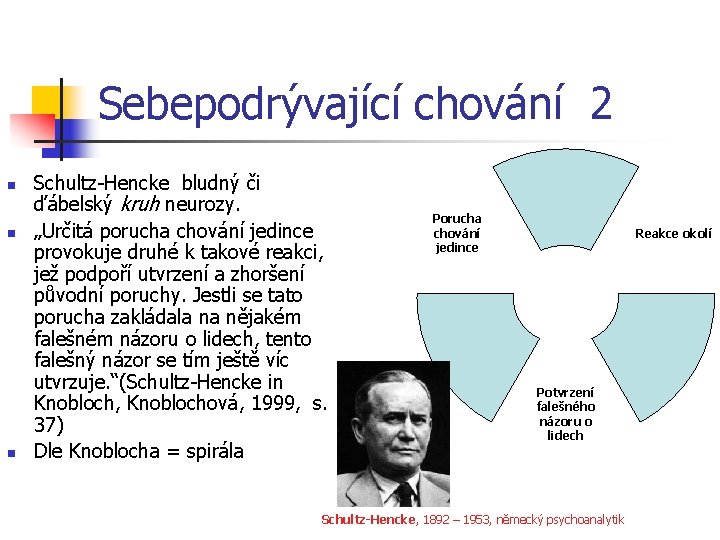 Sebepodrývající chování 2 n n n Schultz-Hencke bludný či ďábelský kruh neurozy. „Určitá porucha