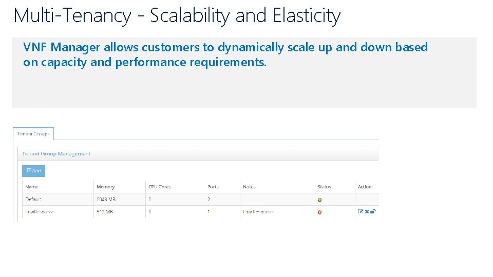 Multi-Tenancy - Scalability and Elasticity VNF Manager allows customers to dynamically scale up and