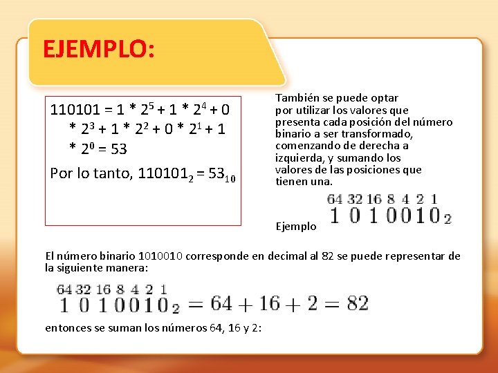 EJEMPLO: 110101 = 1 * 25 + 1 * 24 + 0 * 23