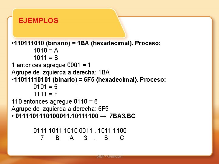 EJEMPLOS • 11010 (binario) = 1 BA (hexadecimal). Proceso: 1010 = A 1011 =