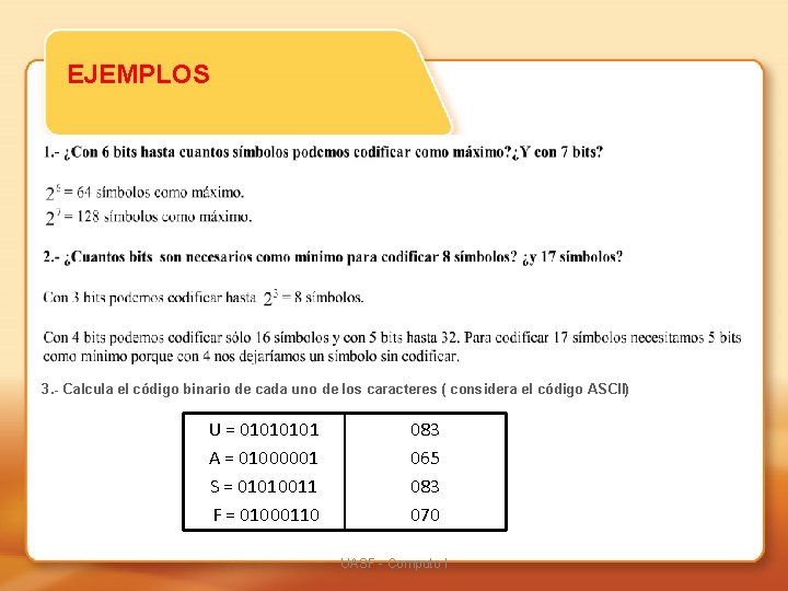EJEMPLOS 3. - Calcula el código binario de cada uno de los caracteres (
