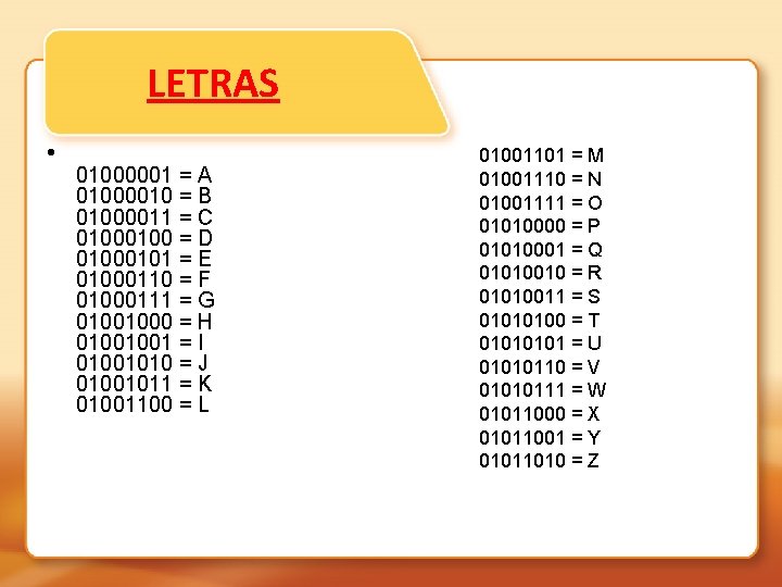 LETRAS • 01000001 = A 01000010 = B 01000011 = C 0100 = D