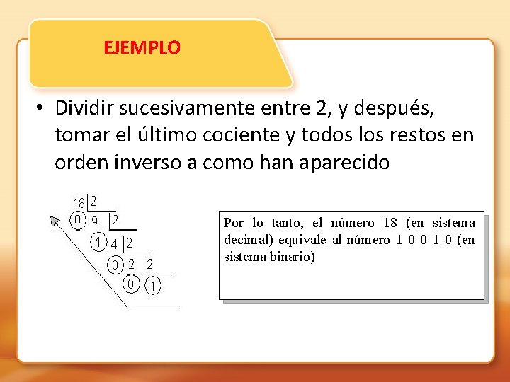 EJEMPLO • Dividir sucesivamente entre 2, y después, tomar el último cociente y todos