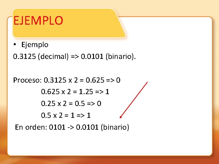EJEMPLO • Ejemplo 0. 3125 (decimal) => 0. 0101 (binario). Proceso: 0. 3125 x