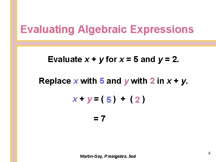 Evaluating Algebraic Expressions Evaluate x + y for x = 5 and y =
