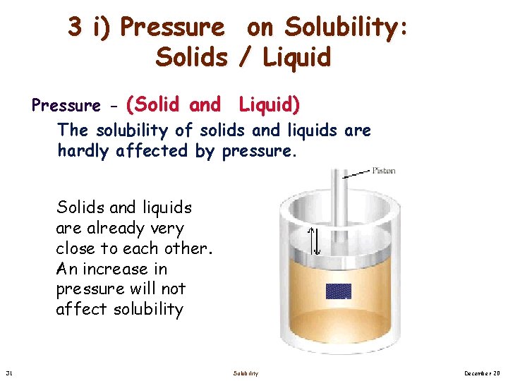 3 i) Pressure on Solubility: Solids / Liquid Pressure - (Solid and Liquid) The 3 i) Pressure on Solubility: Solids / Liquid Pressure - (Solid and Liquid) The
