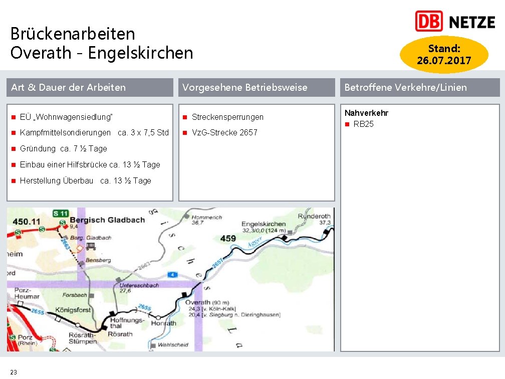 Brückenarbeiten Overath - Engelskirchen Stand: 26. 07. 2017 Art & Dauer der Arbeiten Vorgesehene