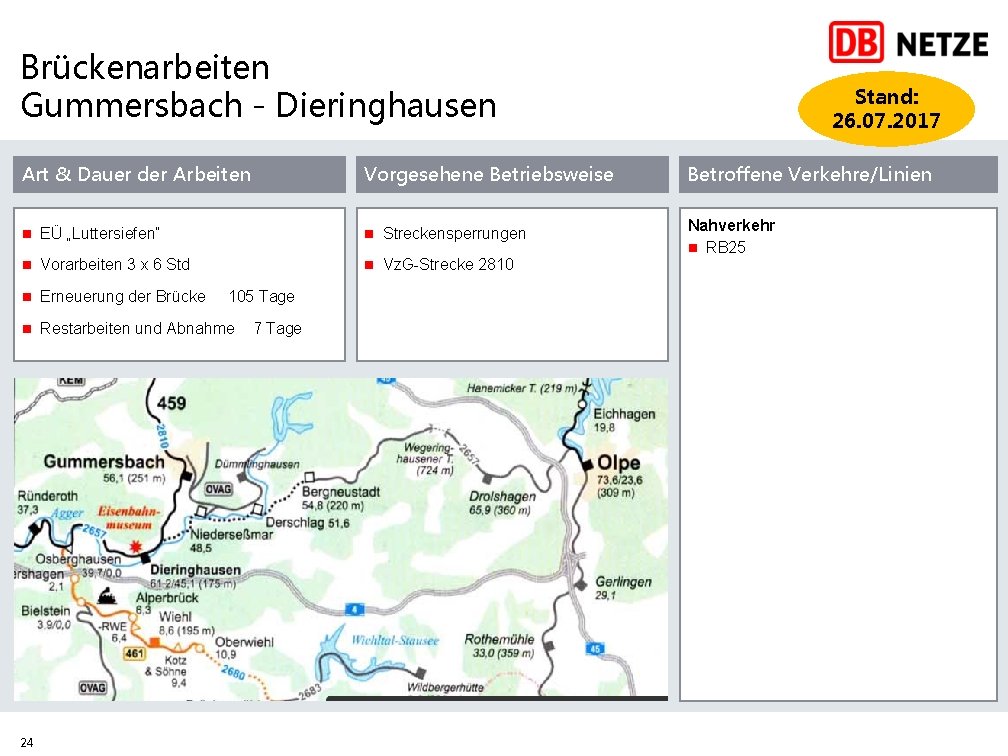 Brückenarbeiten Gummersbach - Dieringhausen Stand: 26. 07. 2017 Art & Dauer der Arbeiten Vorgesehene