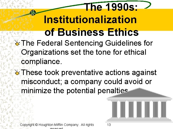 The 1990 s: Institutionalization of Business Ethics The Federal Sentencing Guidelines for Organizations set