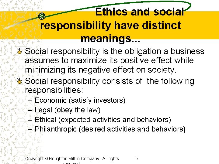 Ethics and social responsibility have distinct meanings. . . Social responsibility is the obligation