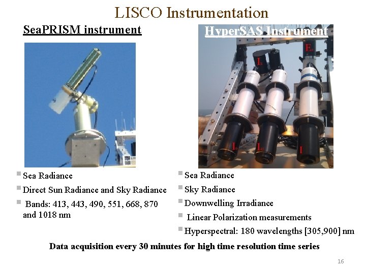LISCO Instrumentation Sea. PRISM instrument Hyper. SAS Instrument § Sea Radiance § Direct Sun
