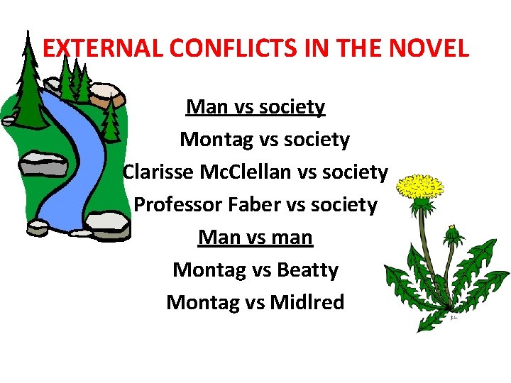 EXTERNAL CONFLICTS IN THE NOVEL Man vs society Montag vs society Clarisse Mc. Clellan