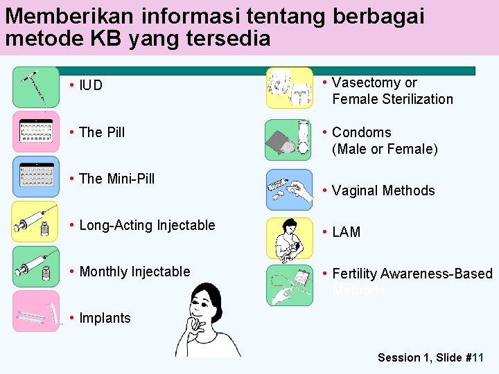 Memberikan informasi tentang berbagai metode KB yang tersedia • IUD • Vasectomy or Female