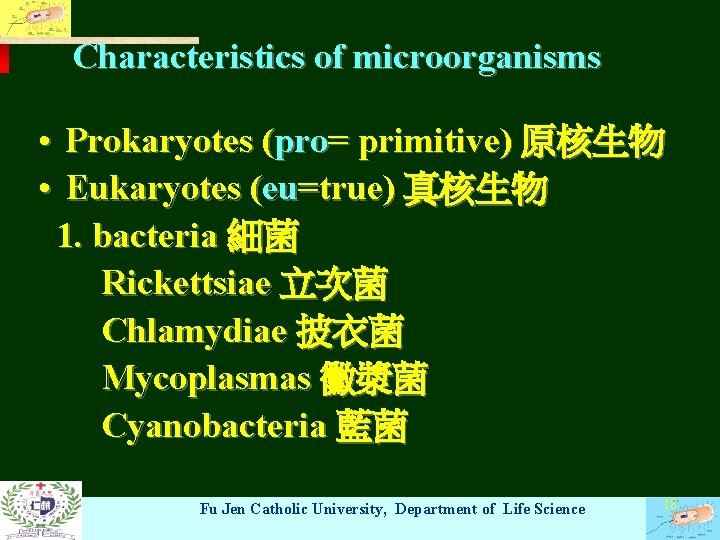 Characteristics of microorganisms • • Prokaryotes (pro= primitive) 原核生物 Eukaryotes (eu=true) 真核生物 1. bacteria