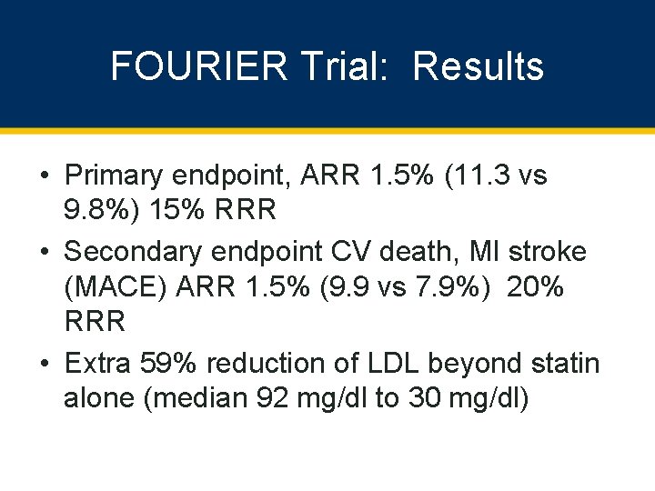 FOURIER Trial: Results • Primary endpoint, ARR 1. 5% (11. 3 vs 9. 8%)