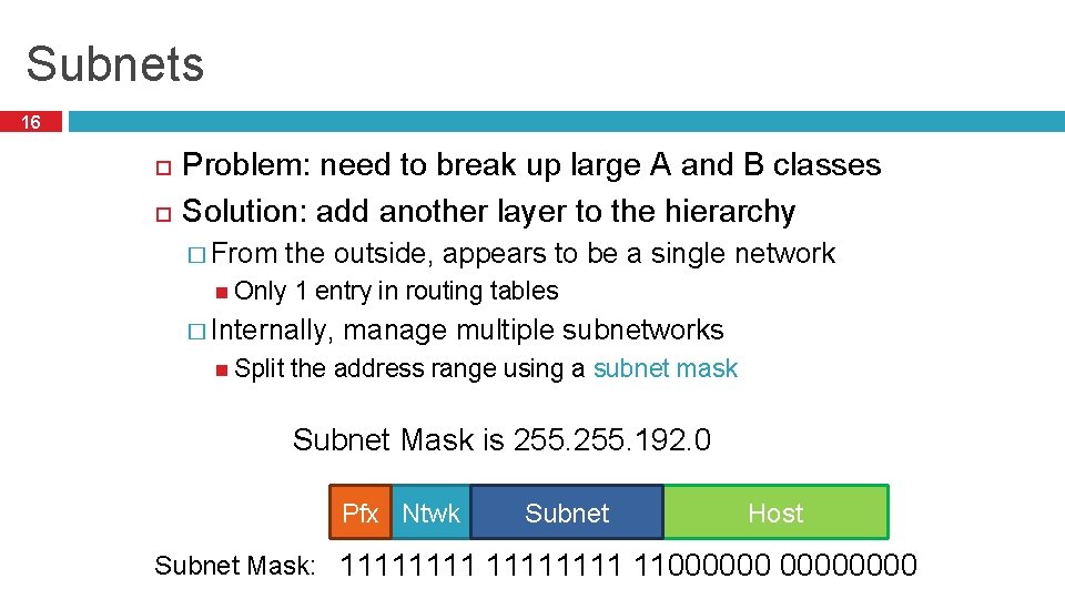 Subnets 16 Problem: need to break up large A and B classes Solution: add