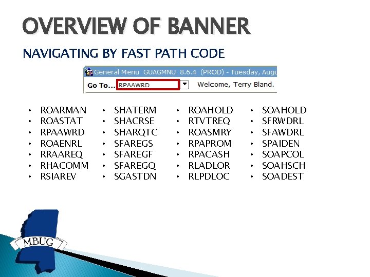 OVERVIEW OF BANNER NAVIGATING BY FAST PATH CODE • • ROARMAN ROASTAT RPAAWRD ROAENRL