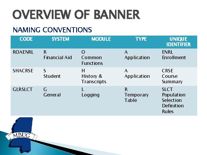 OVERVIEW OF BANNER NAMING CONVENTIONS CODE SYSTEM MODULE TYPE UNIQUE IDENTIFIER ROAENRL R Financial OVERVIEW OF BANNER NAMING CONVENTIONS CODE SYSTEM MODULE TYPE UNIQUE IDENTIFIER ROAENRL R Financial
