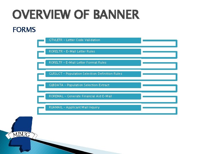 OVERVIEW OF BANNER FORMS GTVLETR – Letter Code Validation RORELTR – E-Mail Letter Rules
