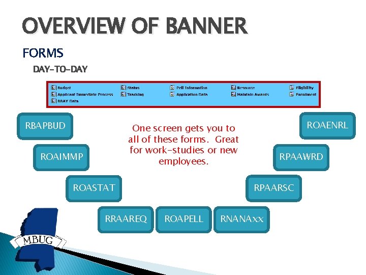 OVERVIEW OF BANNER FORMS DAY-TO-DAY RBAPBUD ROAENRL One screen gets you to all of