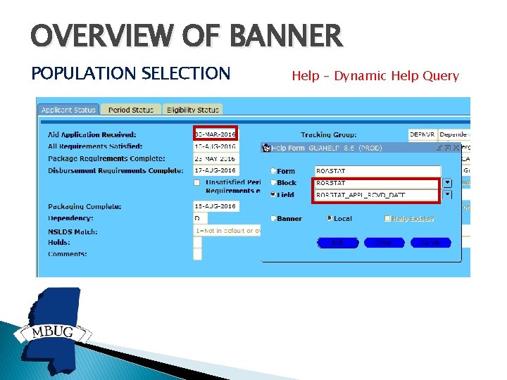 OVERVIEW OF BANNER POPULATION SELECTION Help – Dynamic Help Query 