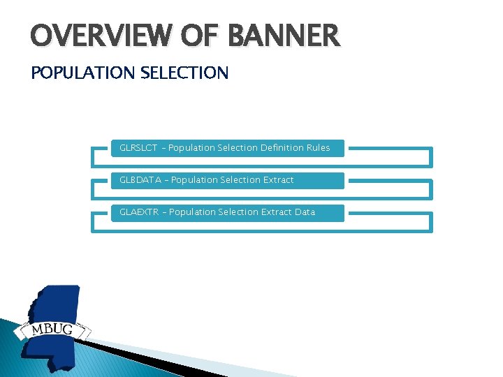 OVERVIEW OF BANNER POPULATION SELECTION GLRSLCT – Population Selection Definition Rules GLBDATA – Population