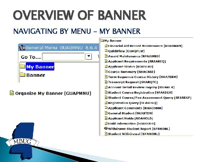 OVERVIEW OF BANNER NAVIGATING BY MENU – MY BANNER OVERVIEW OF BANNER NAVIGATING BY MENU – MY BANNER