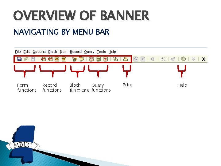 OVERVIEW OF BANNER NAVIGATING BY MENU BAR Form functions Record functions Query Block functions