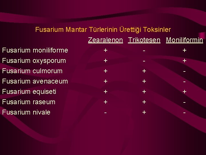 Fusarium Mantar Türlerinin Ürettiği Toksinler Zearalenon Trikotesen Moniliformin Fusarium moniliforme + + Fusarium oxysporum