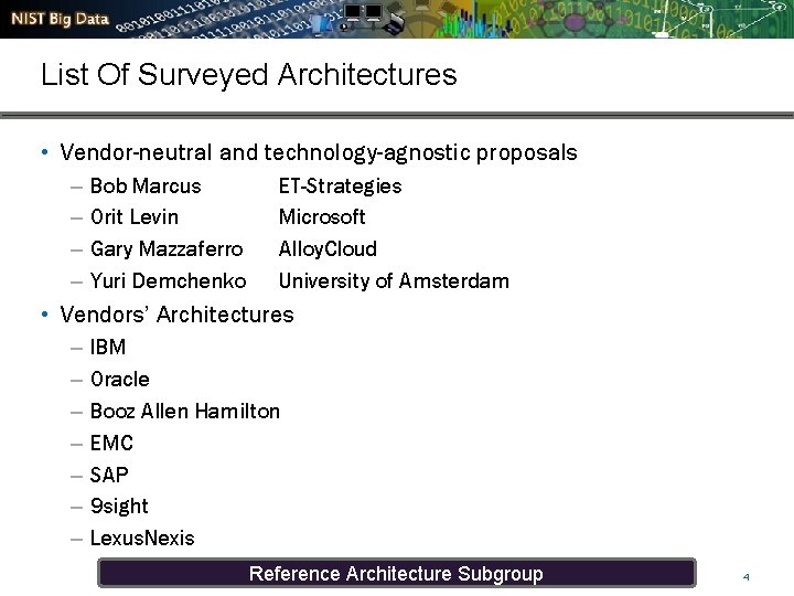 List Of Surveyed Architectures • Vendor-neutral and technology-agnostic proposals – – Bob Marcus Orit