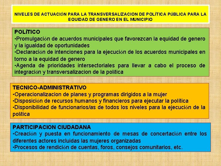 NIVELES DE ACTUACIÓN PARA LA TRANSVERSALIZACION DE POLÍTICA PÚBLICA PARA LA EQUIDAD DE GENERO