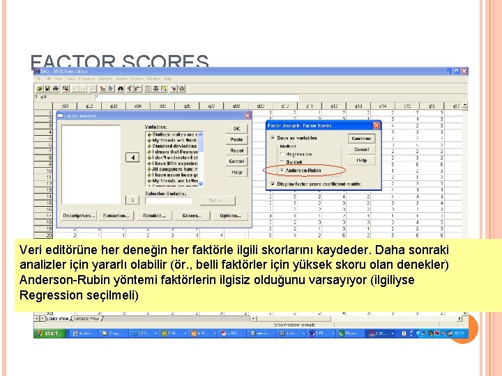 FACTOR SCORES Veri editörüne her deneğin her faktörle ilgili skorlarını kaydeder. Daha sonraki analizler