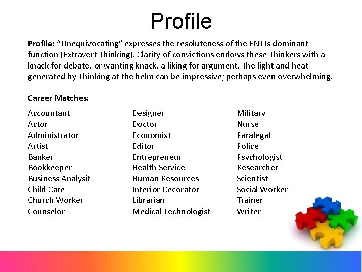 Profile: “Unequivocating” expresses the resoluteness of the ENTJs dominant function (Extravert Thinking). Clarity of
