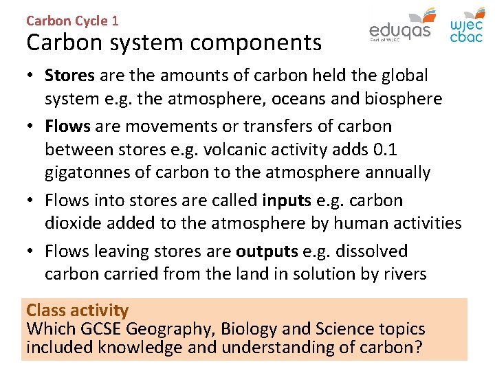 Carbon Cycle 1 Carbon system components • Stores are the amounts of carbon held