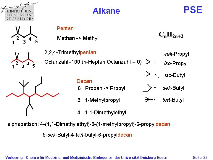 PSE Alkane Pentan Methan -> Methyl 2, 2, 4 -Trimethylpentan sek-Propyl Octanzahl=100 (n-Heptan Octanzahl
