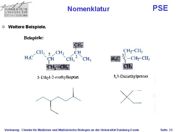 Nomenklatur PSE Weitere Beispiele. Vorlesung: Chemie für Mediziner und Medizinische Biologen an der Universität