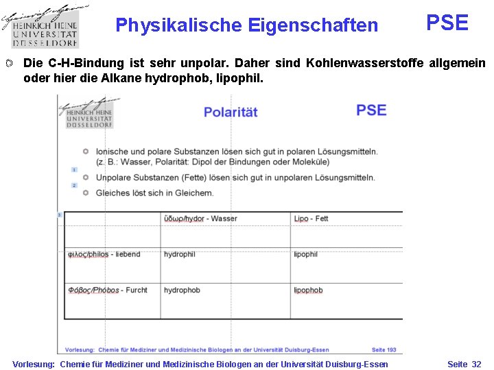 Physikalische Eigenschaften PSE Die C-H-Bindung ist sehr unpolar. Daher sind Kohlenwasserstoffe allgemein oder hier