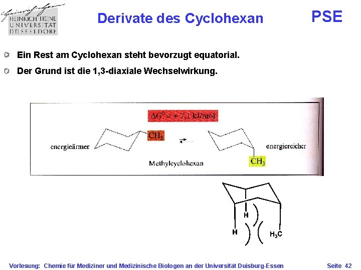 Derivate des Cyclohexan PSE Ein Rest am Cyclohexan steht bevorzugt equatorial. Der Grund ist