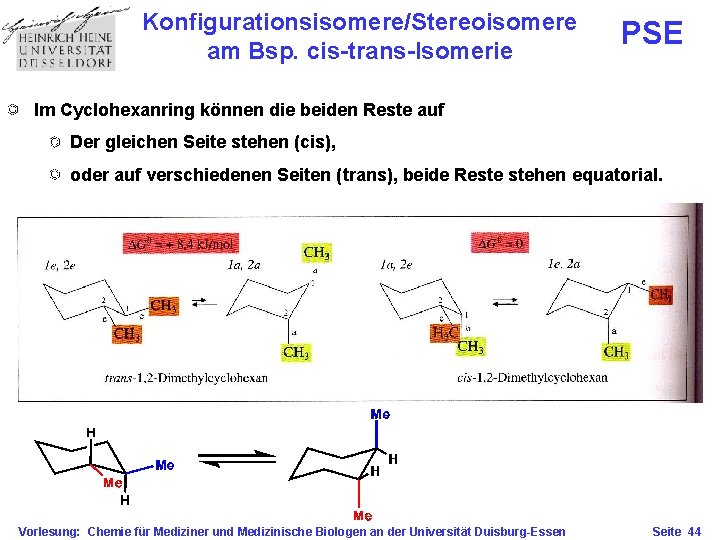 Konfigurationsisomere/Stereoisomere am Bsp. cis-trans-Isomerie PSE Im Cyclohexanring können die beiden Reste auf Der gleichen