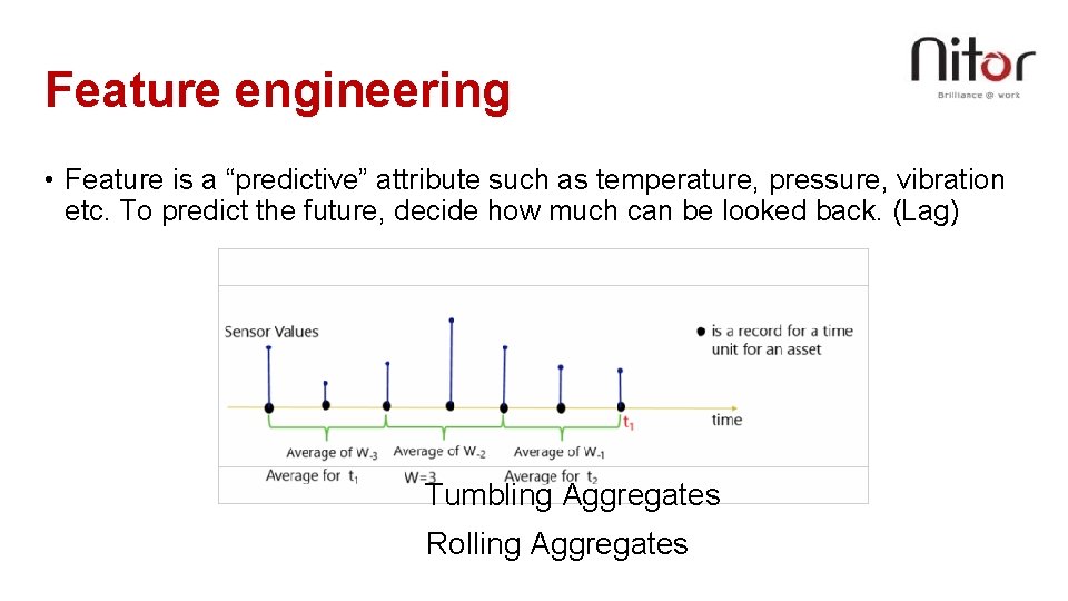 Feature engineering • Feature is a “predictive” attribute such as temperature, pressure, vibration etc.