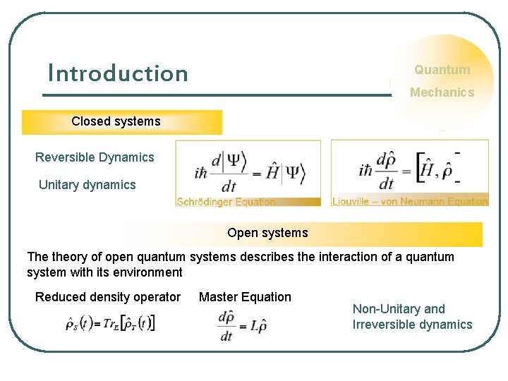 Introduction Quantum Mechanics Closed systems Reversible Dynamics Unitary dynamics Open systems The theory of