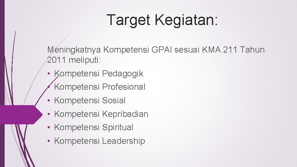 Target Kegiatan: Meningkatnya Kompetensi GPAI sesuai KMA 211 Tahun 2011 meliputi: • Kompetensi Pedagogik