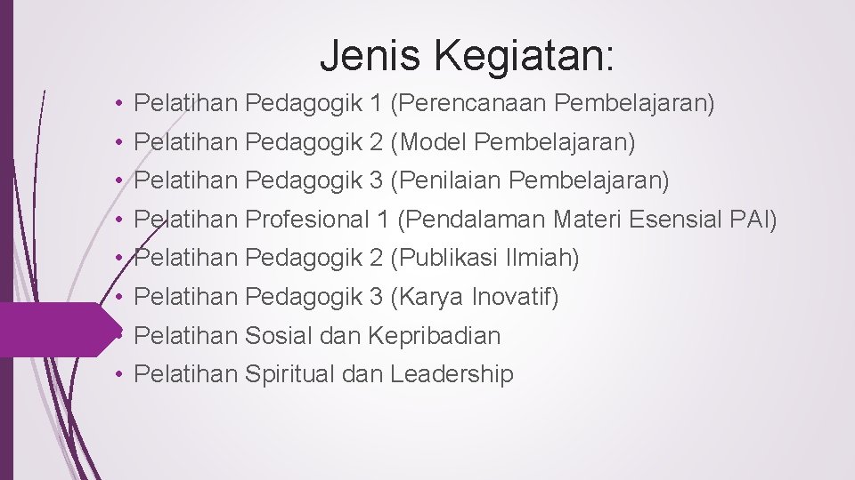 Jenis Kegiatan: • Pelatihan Pedagogik 1 (Perencanaan Pembelajaran) • Pelatihan Pedagogik 2 (Model Pembelajaran)