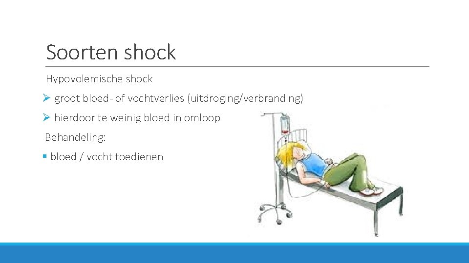 Soorten shock Hypovolemische shock Ø groot bloed- of vochtverlies (uitdroging/verbranding) Ø hierdoor te weinig