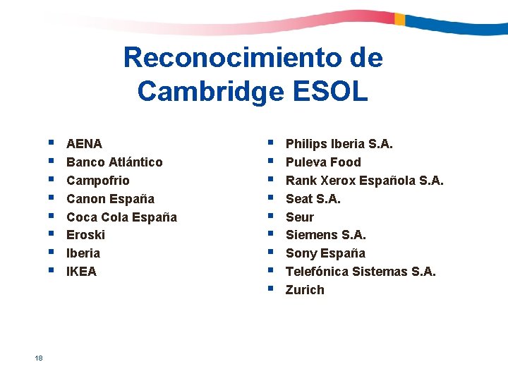 Reconocimiento de Cambridge ESOL § § § § 18 AENA Banco Atlántico Campofrio Canon
