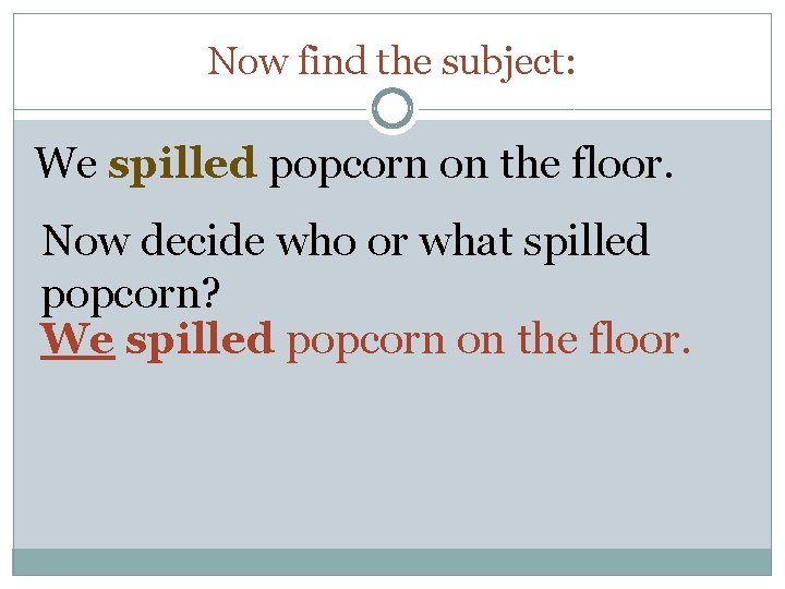 Now find the subject: We spilled popcorn on the floor. Now decide who or