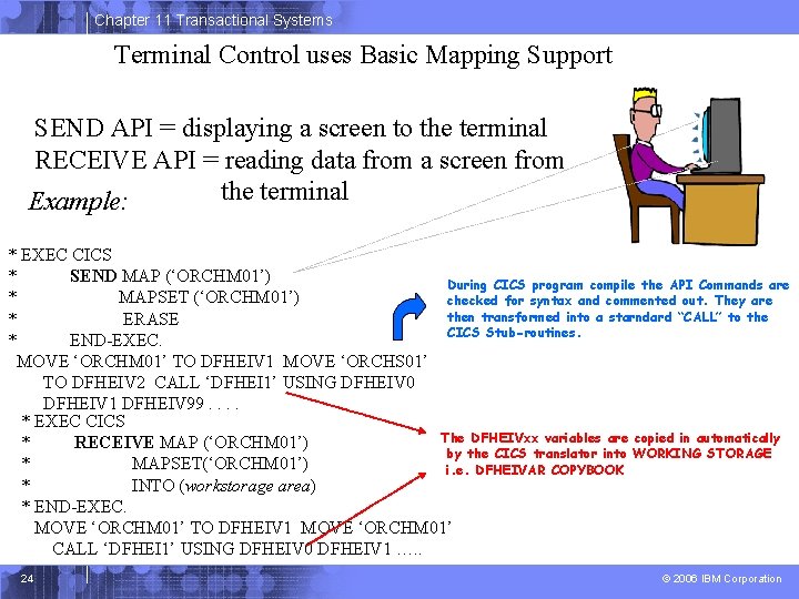 Chapter 11 Transactional Systems Terminal Control uses Basic Mapping Support SEND API = displaying