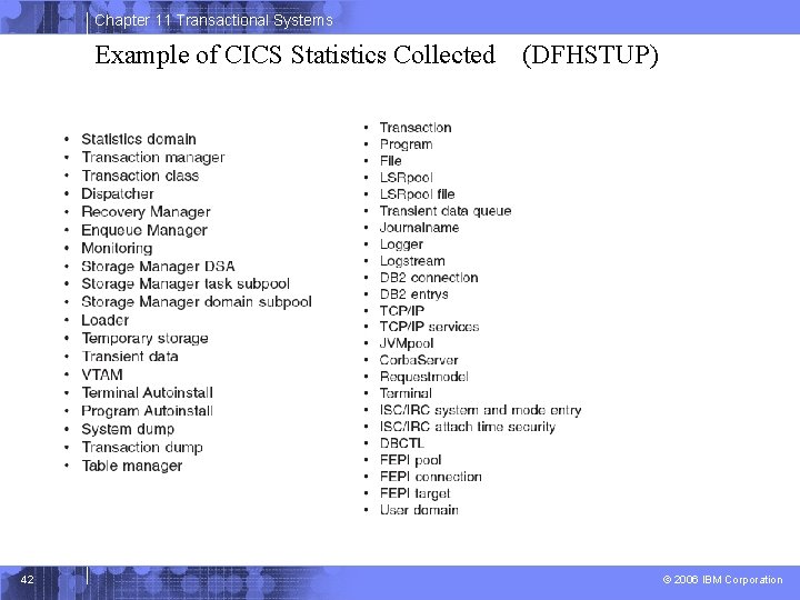 Chapter 11 Transactional Systems Example of CICS Statistics Collected 42 (DFHSTUP) © 2006 IBM