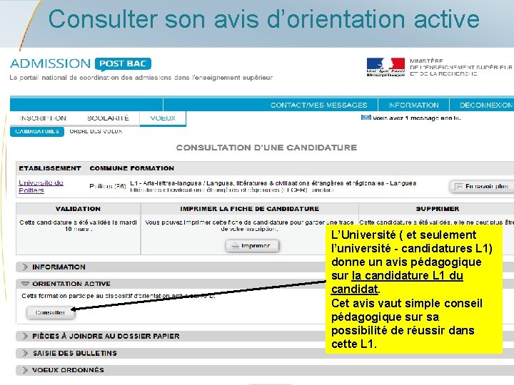 Consulter son avis d’orientation active L’Université ( et seulement l’université - candidatures L 1)