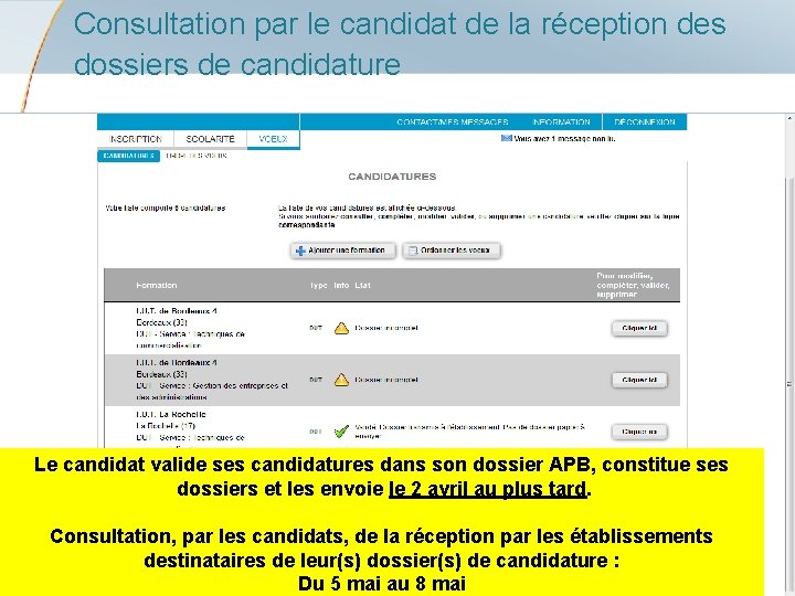 Consultation par le candidat de la réception des dossiers de candidature Le candidat valide